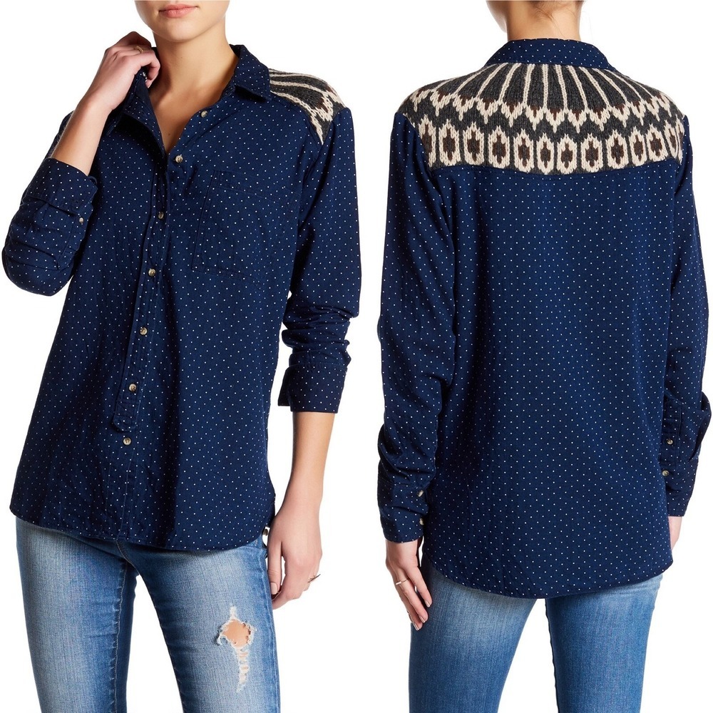 Free People Polka Dot Button Down Fair Isle Knit Yoke Blue S Boho Rustic Western